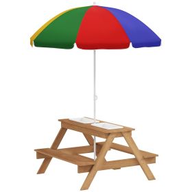 Wooden Outdoor Kids Picnic Table with Removable Umbrella, Children Sand and Water Activity Table for Patio, Mixed Color