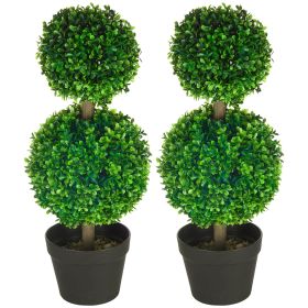 2 Pcs Artificial Boxwood Ball Topiary Tree 23.5" with Double Ball-Shaped Leaves in Pot Green
