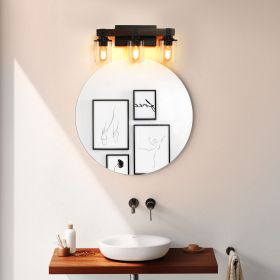 19" Rustic 3-Light Vanity Light, Industrial Bathroom Wall Sconce with Glass Shades and Wood Accent, Modern Farmhouse Lighting Fixture (No Bulbs)