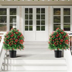 2-Pack 21.6" Tall Artificial Rose Topiary Ball Tree, Planter Bushes UV Resistant Look Real for Indoor Outdoor Home Garden ,Red