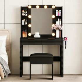 Makeup Vanity Desk with 10 Hollywood Bulbs, Fluted Dressing Table with Charging Station, 2 Drawers and 4 Open Shelves, Hairdryer Holder