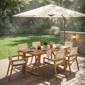 7 Pieces Acacia Wood Outdoor Dining Set s,Modern 6 Chairs 1 Large Table, Dining Furniture Set for Lawn, Backyard, Garden Deck,Poolside,Beige