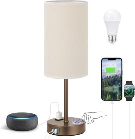 Touch Table Lamp - Beige, 3-Way Dimmable, USB A + C Charging, AC Outlet, 17.4inch Medium, Brown Metal Base