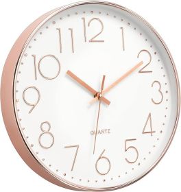 Modern Wall Clock 12 Inch Non-Ticking Silent Battery Operated Round Quartz Rose Gold Wall Clock for Office Bedroom Living Room Kitchen Home Schoo