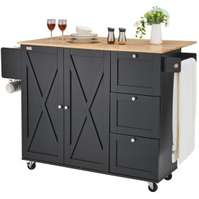 VEVOR Kitchen Island Cart, 56" Wood Top Mobile Carts with Storage Cabinet, Rolling Table with Drop Leaf, Spice Rack, Towel Bar, Adjustable Shelf