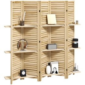 5 Panel 67" Tall Wood Privacy Screen Room Divider with 3 Shelves and Folding Storage for Bedroom, Natural Wood